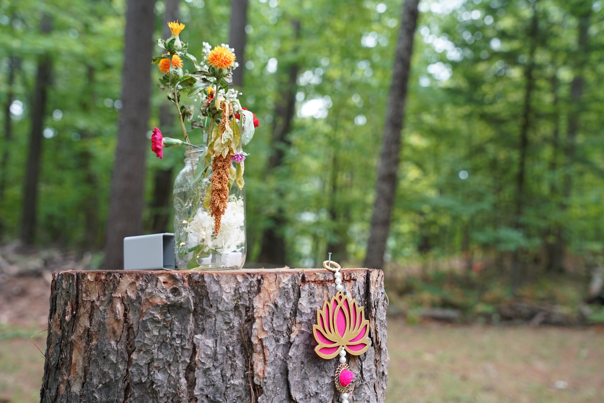 Flowers in a jar on a tree stump in a forest setting
